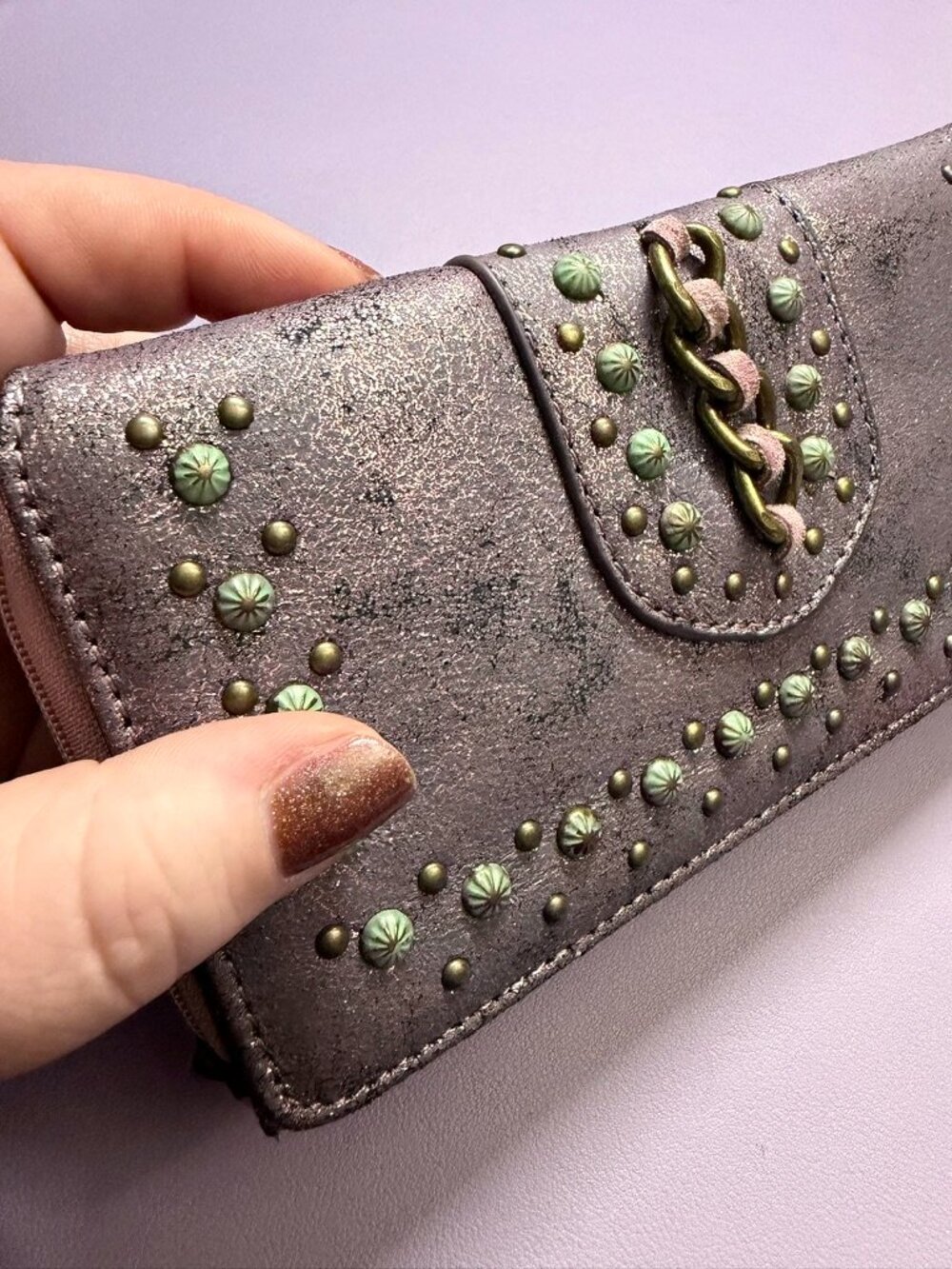 Metallic Purple Montana West Large Wallet with Turquoise and Brass Accents - Picture 2 of 15